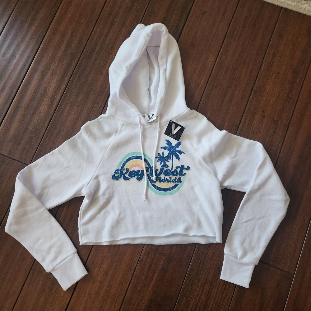White Cropped Hoodie with Key West Design. Size XS